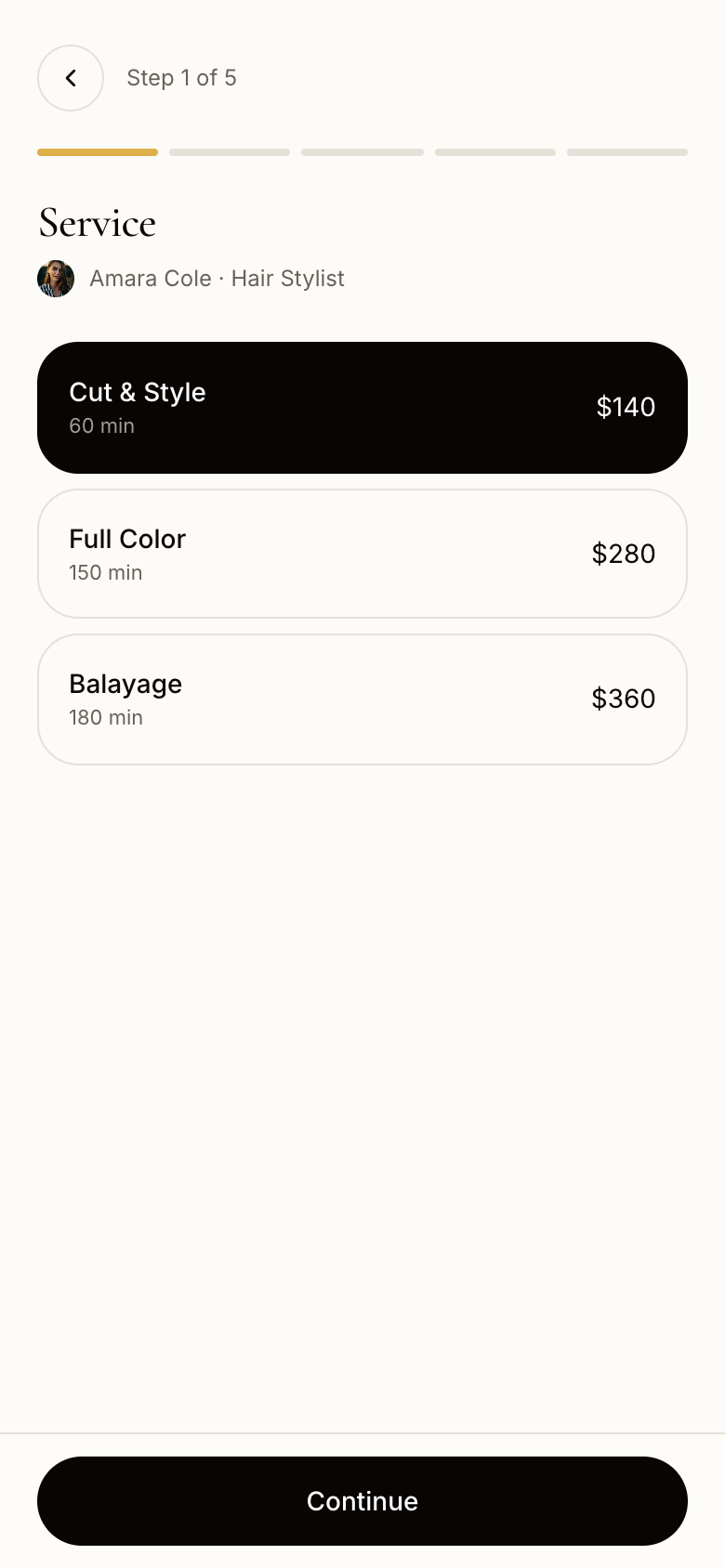 Booking flow service selection
