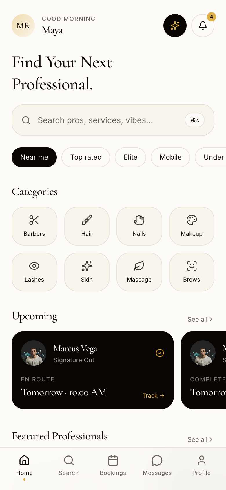 Home screen with categories and upcoming bookings