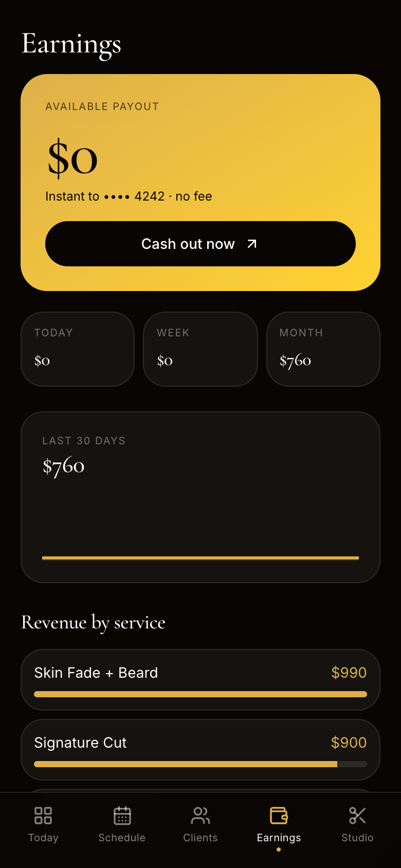 Professional earnings screen with revenue breakdown