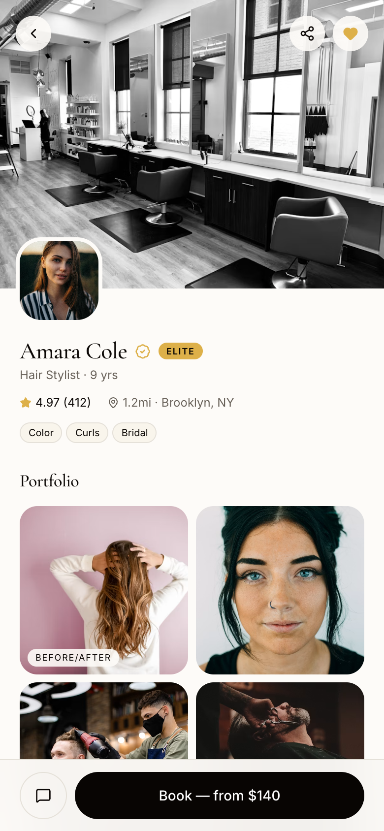 Professional profile with portfolio and services