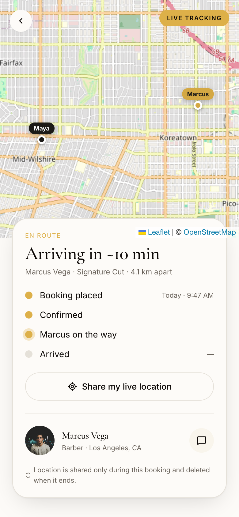 Live tracking screen with map, ETA and journey timeline